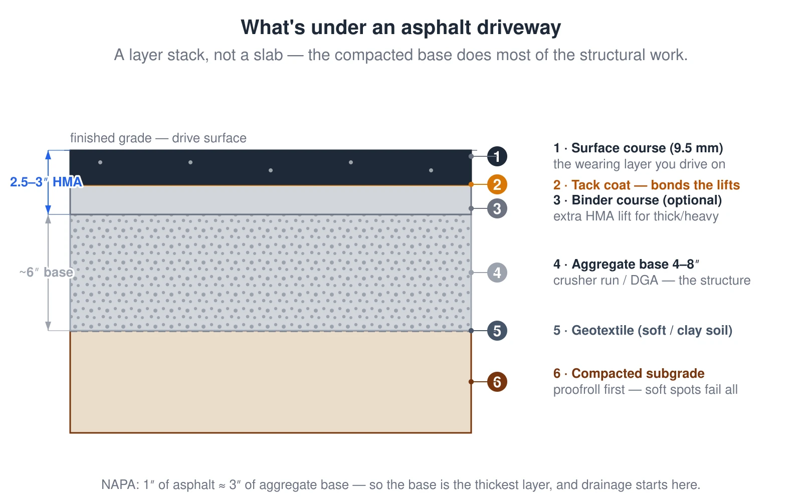 A cut section of a residential asphalt driveway showing the layer stack from the bottom up: a compacted subgrade, an optional woven geotextile fabric over soft or clay soil, about six inches of compacted dense-graded aggregate base (crusher run), a thin tack coat that bonds the lifts, an optional binder course of hot-mix asphalt, and the surface course of hot-mix asphalt that you drive on. The aggregate base does most of the structural work, and one inch of asphalt is structurally worth about three inches of aggregate base, which is why the base is the thickest layer.