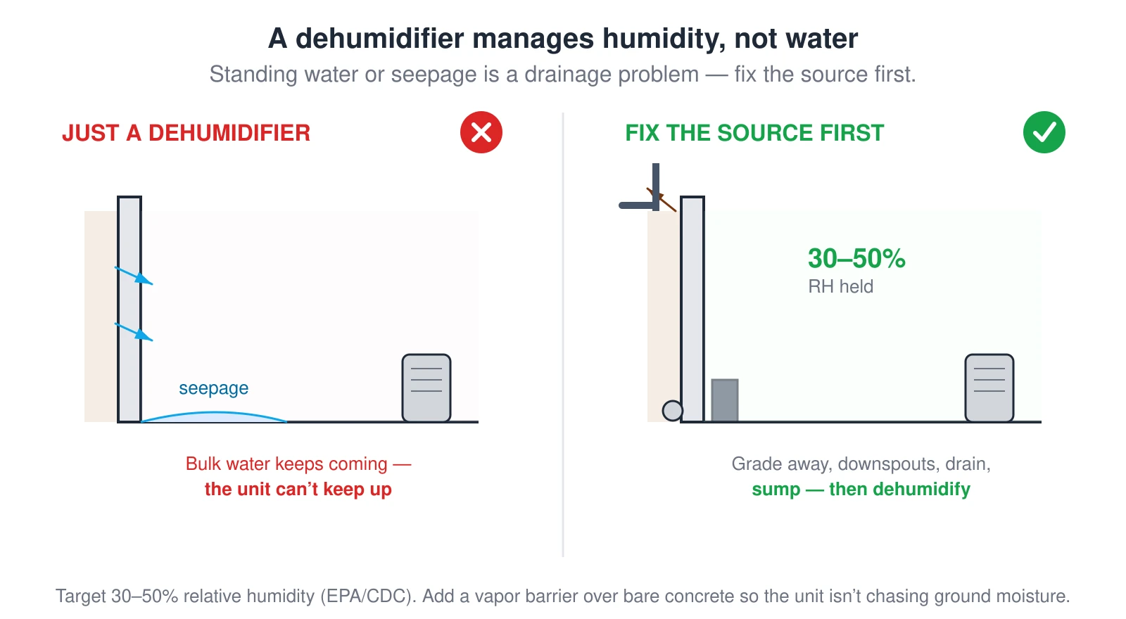Two basement wall-and-floor sections. The left red one runs a dehumidifier while water seeps through the foundation wall and pools on the floor, which it cannot keep up with. The right green one fixes the source first — soil graded away, a downspout extension, a footing drain and sump — so the dehumidifier only has to hold the air at 30 to 50 percent relative humidity.