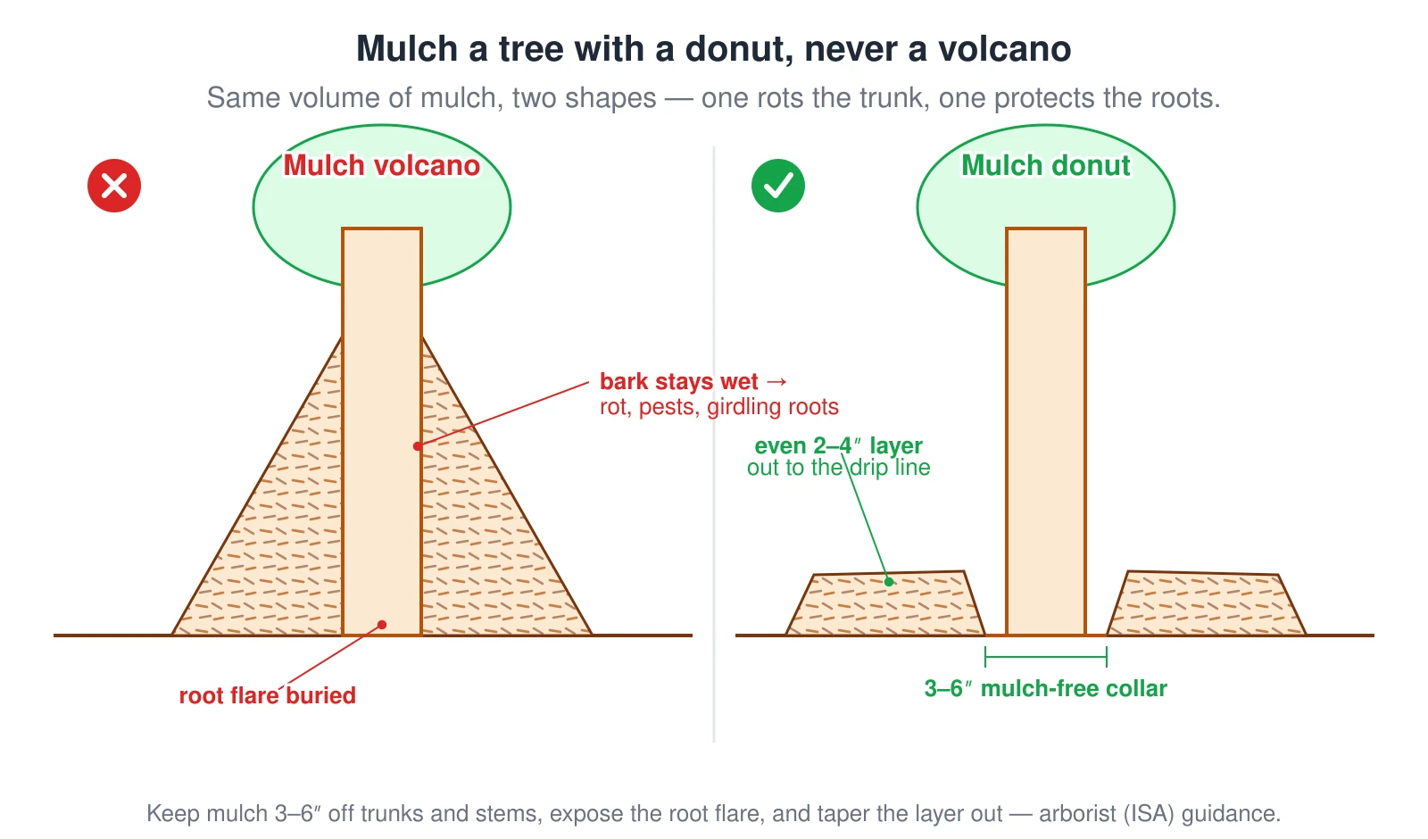 A wrong-versus-right comparison of mulching a tree with the same volume of mulch in two shapes. On the left, the mulch volcano piles mulch high against the trunk: it traps moisture on the bark, causing rot, pests, and girdling roots, and it buries the root flare. On the right, the mulch donut lays an even 2-to-4-inch layer pulled 3 to 6 inches back from the trunk, leaving a mulch-free collar so the root flare stays exposed and dry, and tapering the layer out toward the drip line. Keep mulch 3 to 6 inches off trunks and stems per arborist (ISA) guidance.