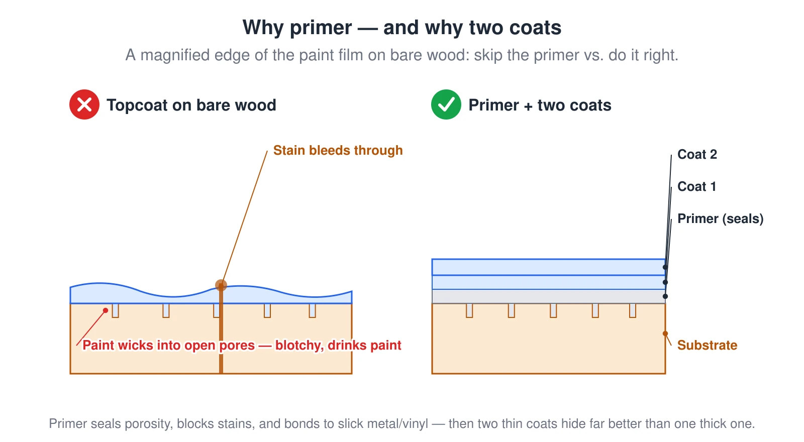 Two magnified cross-sections of an exterior paint film on bare wood. On the left, a topcoat brushed straight onto bare wood wicks down into the open pores, leaving a thin, blotchy film that drinks paint, and tannin stains bleed up through it. On the right, the correct build-up: a primer coat first seals the pores, blocks stains, and bonds to slick metal or vinyl, and then two thin color coats hide evenly. Two thin coats cover far better than one thick coat, and bare or porous surfaces always need the primer.