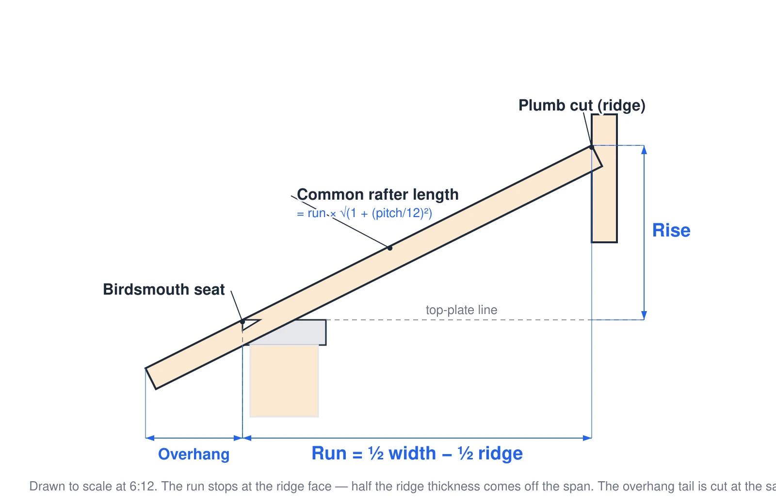 A common rafter drawn to scale at a 6:12 pitch. The run is measured horizontally from the top plate to the ridge FACE — half the ridge board thickness is subtracted from half the building width, so the rafter does not reach the building centerline. The rise is the vertical height over that run, and the common rafter length is the sloped distance, equal to the run times the square root of one plus the pitch over twelve squared. Beyond the wall the rafter continues as an overhang tail cut at the same slope, with a plumb cut at the ridge, a birdsmouth seat notched over the top plate, and a plumb cut at the tail.