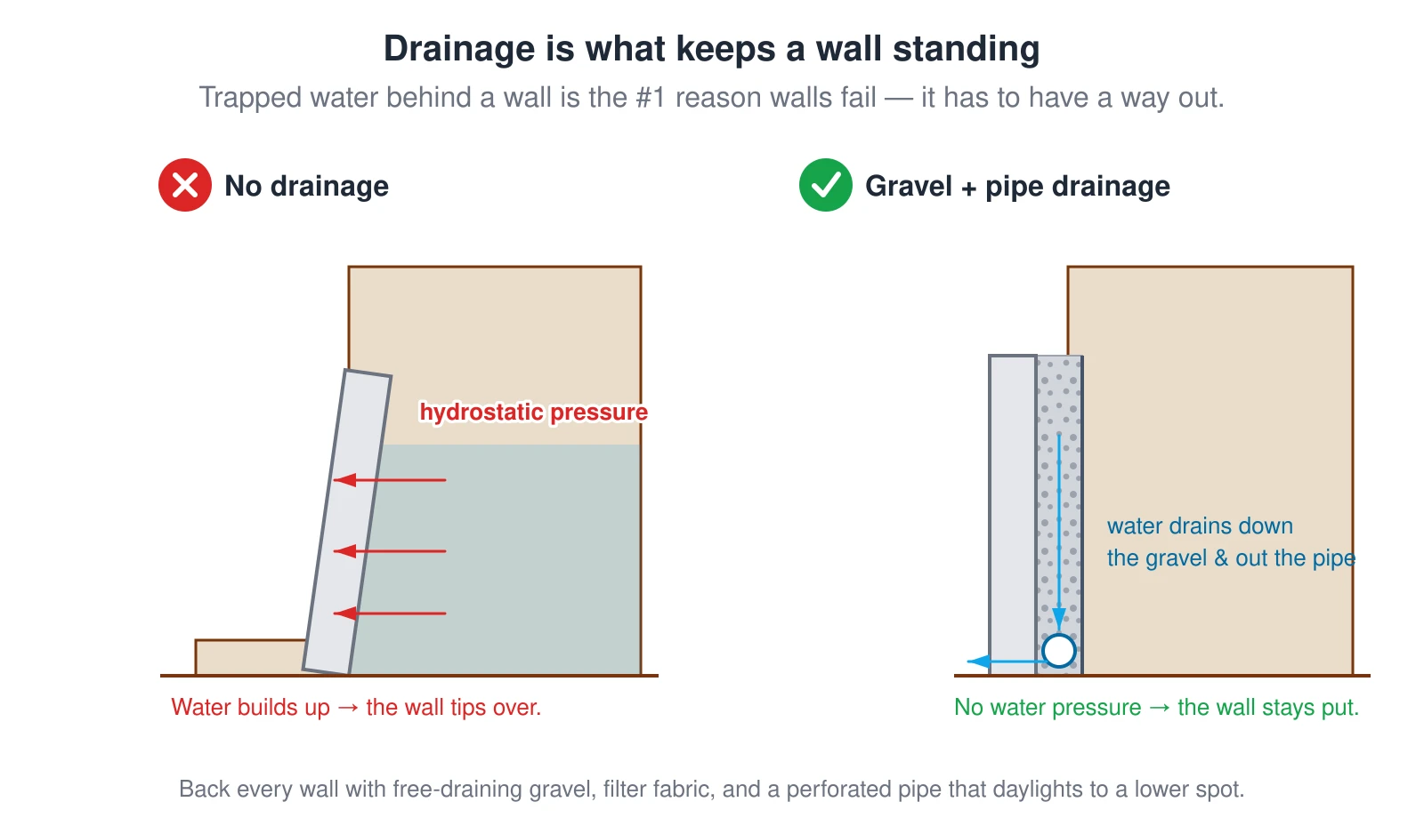 Two retaining walls compared. On the left, with no drainage, rain saturates the soil behind the wall and the water builds hydrostatic pressure that pushes the wall outward until it tips over — the single most common cause of retaining-wall failure. On the right, a chimney of free-draining gravel with filter fabric and a perforated pipe at the base lets the water run down and out, so no water pressure ever loads the wall and it stays plumb.