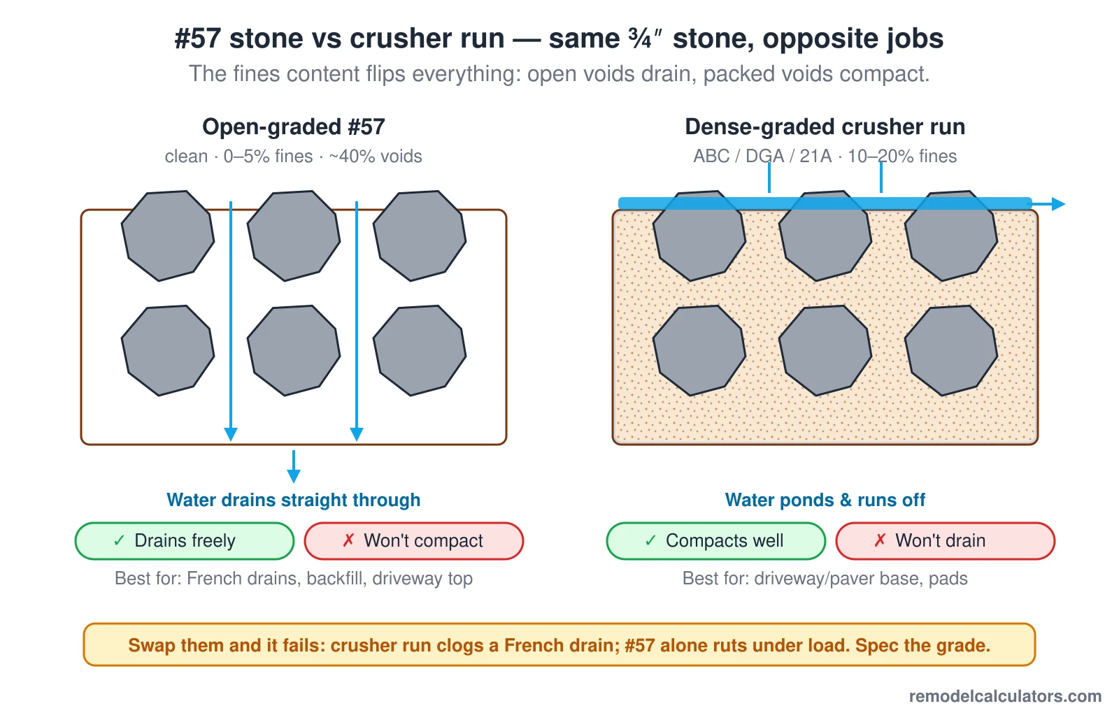 A side-by-side cross-section of #57 stone versus crusher run, the two most common ¾-inch crushed stones. On the left, open-graded #57 has only 0 to 5 percent fines and about 40 percent open voids, so rainwater drains straight down through the gaps to the subgrade, but it never locks into a load-bearing base. On the right, dense-graded crusher run (also called ABC, DGA, or 21A) has 10 to 20 percent fines packed into the voids, so it compacts to a stable base, but water ponds on top and runs off. Each grade’s strength is the other’s weakness: use #57 where water must pass, such as French drains, drainage backfill, and driveway top course; use crusher run where you need a compacted base, such as under pavers, slabs, and driveways. Substituting one for the other clogs the drain or ruts the base.