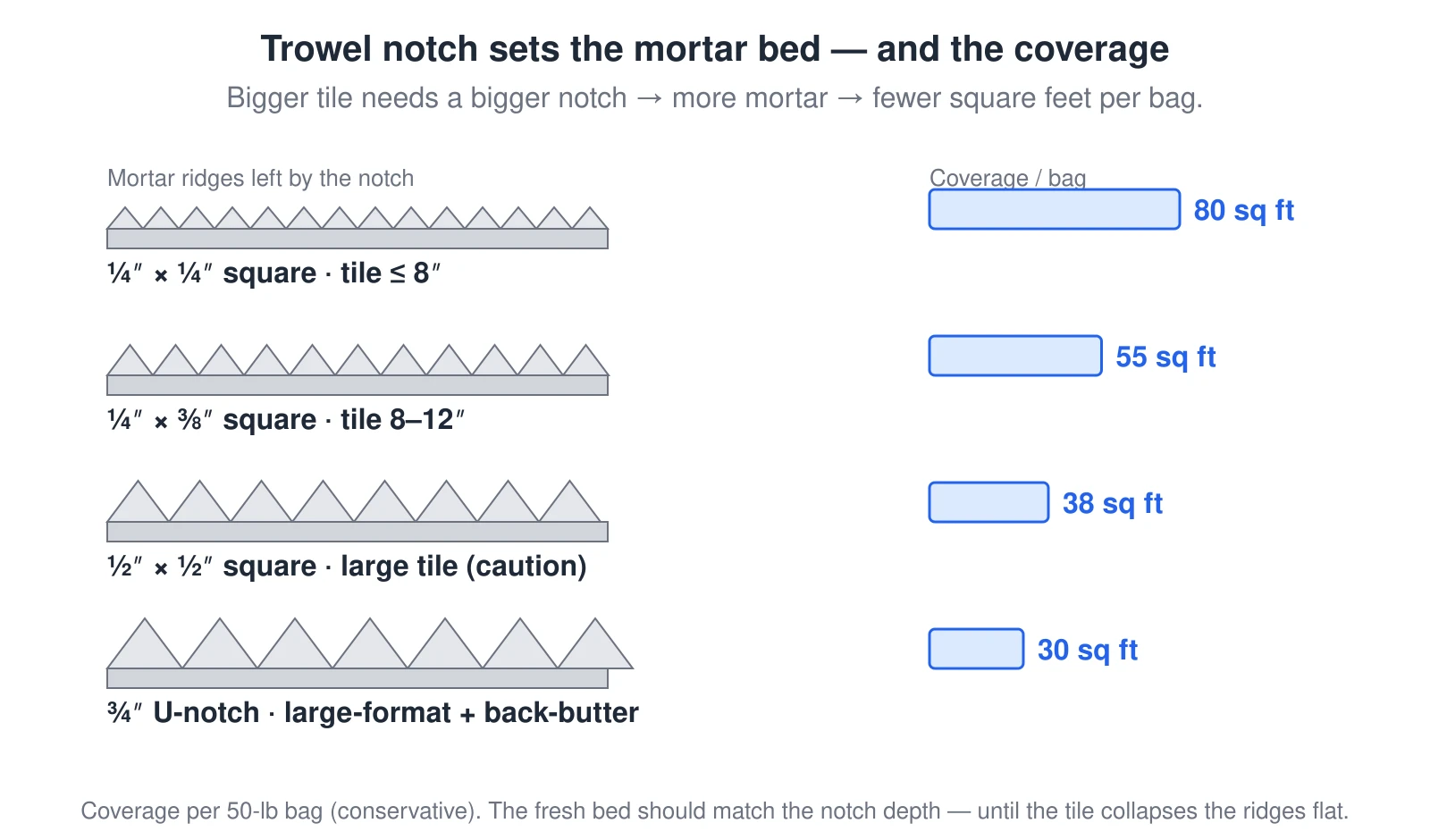 Four tile-trowel notch sizes compared by the mortar ridges they leave and the coverage they give per bag. A ¼-inch by ¼-inch square notch suits tile up to about 8 inches and covers roughly 80 square feet per bag; a ¼-inch by ⅜-inch notch suits 8-to-12-inch tile at about 55 square feet; a ½-inch by ½-inch notch is for large tile (with an NTCA caution) at about 38 square feet; and a ¾-inch U-notch for large-format tile with back-buttering covers only about 30 square feet per bag. A bigger tile needs a bigger notch, which lays a deeper mortar bed, uses more mortar, and covers fewer square feet per bag.