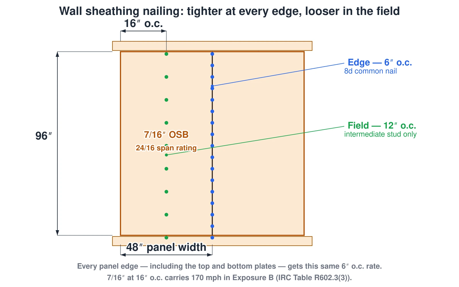 Two vertically-oriented 4-by-8 OSB wall sheathing panels shown face-on over studs spaced 16 inches on center, with the shared vertical seam between the panels nailed at 6 inches on center in blue and the intermediate stud running through the middle of a panel nailed at 12 inches on center in green. The panel is labeled 7/16 inch OSB, 24/16 span rating, carrying 170 mph wind in Exposure B at 16 inch stud spacing per IRC Table R602.3(3). A note states the same 6-inch edge rate also applies to the top and bottom plates, not only the vertical seams shown.